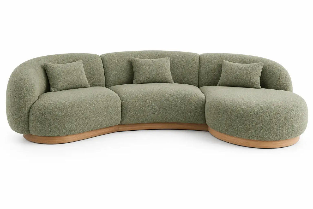Sofá curvo tapizado de contorno redondeado, verde y marrón