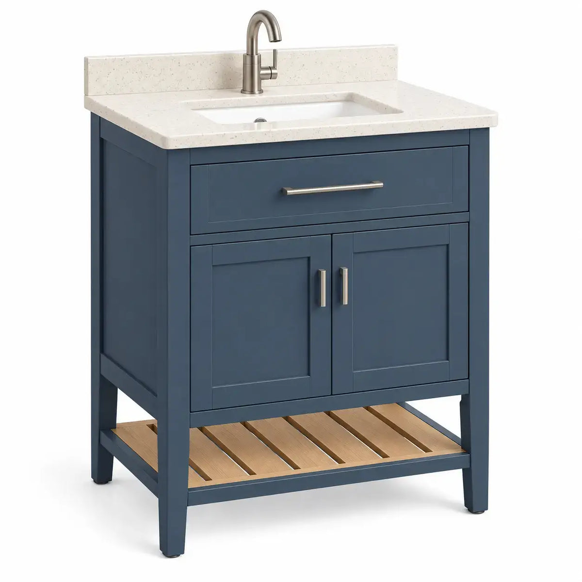 Mueble de baño con lavabo con cajones y estantes, azul, blanco y marrón