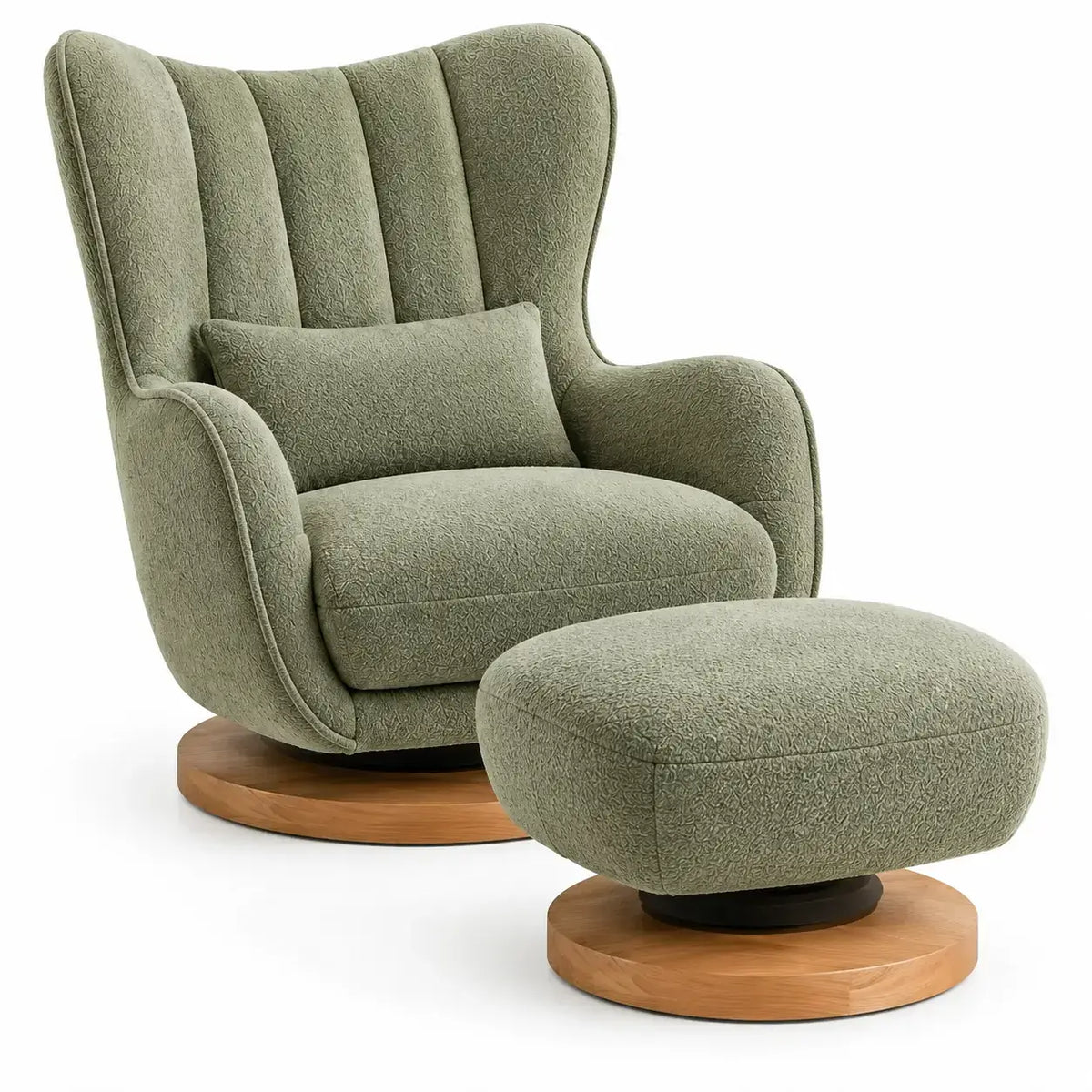 Sillón con reposapiés con acolchado acanalado y respaldo alto, verde y marrón