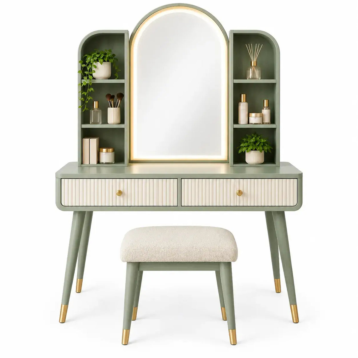 Tocador con espejo con formas arqueadas y estantes, verde, blanco y beige