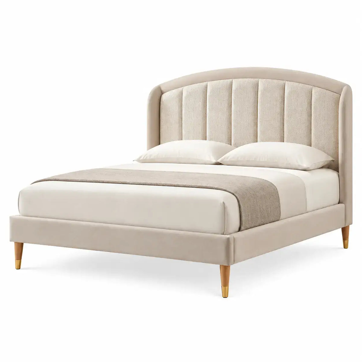 Estructura de cama con cabecero con acolchado acanalado, beige y marrón