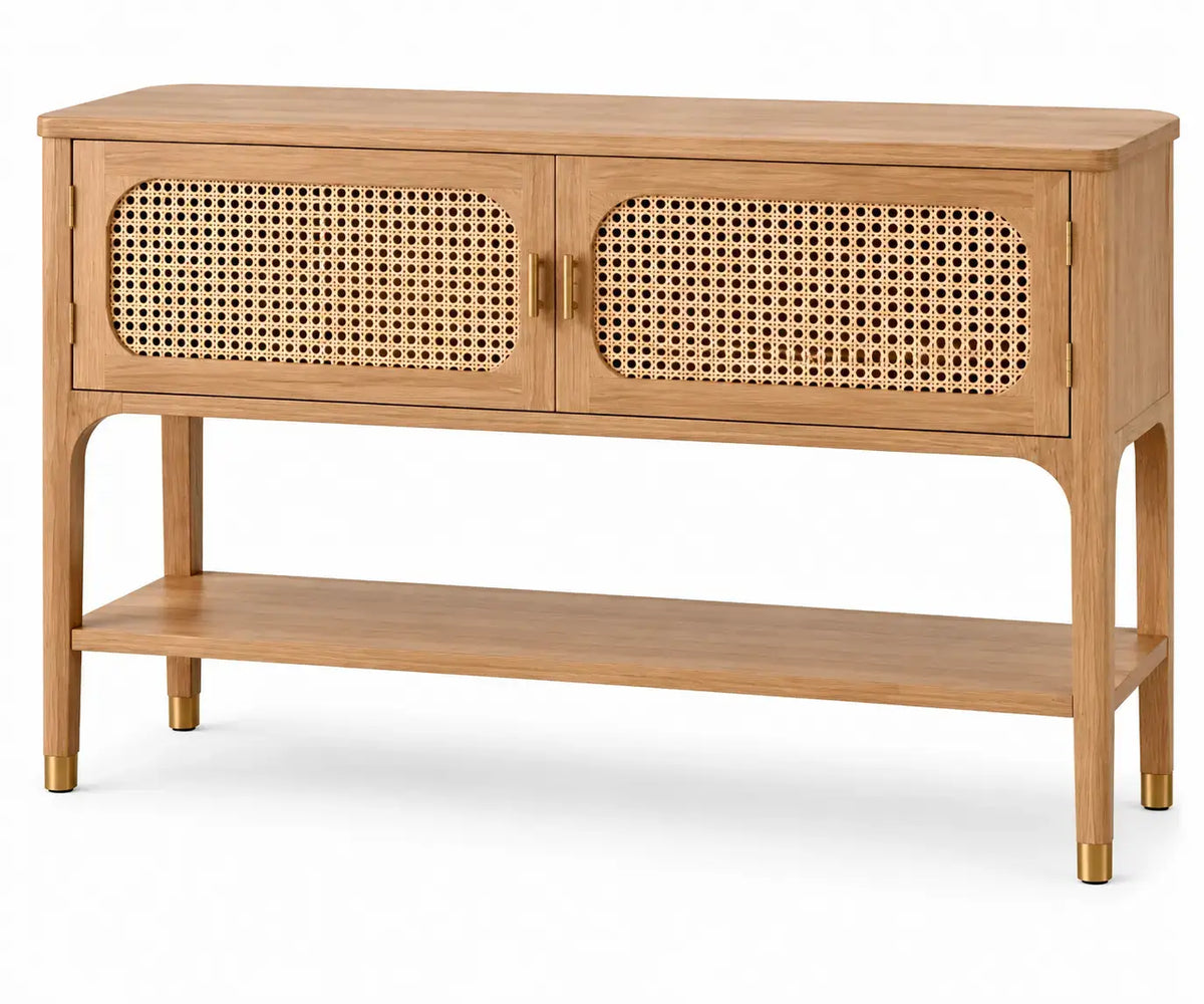 Consola de recibidor con detalles de entramado y estantes, marrón