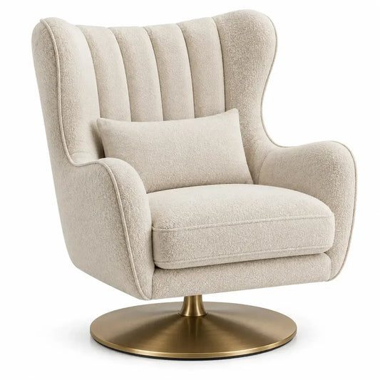 Sillón tapizado de líneas curvas con acolchado acanalado y respaldo alto, beige y dorado