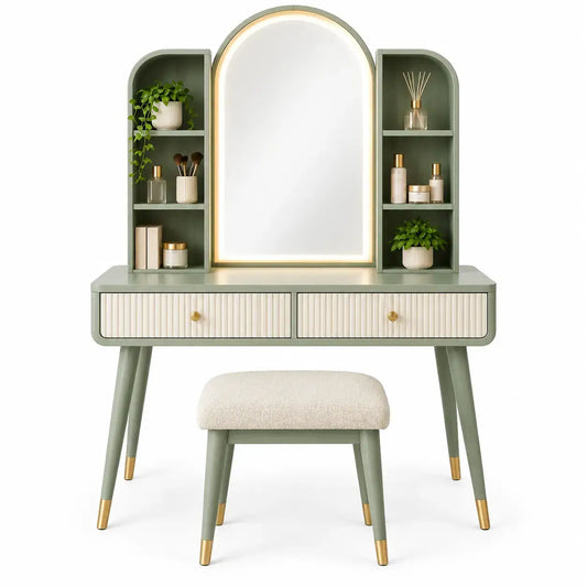 Tocador con espejo con formas arqueadas y estantes, verde, blanco y beige