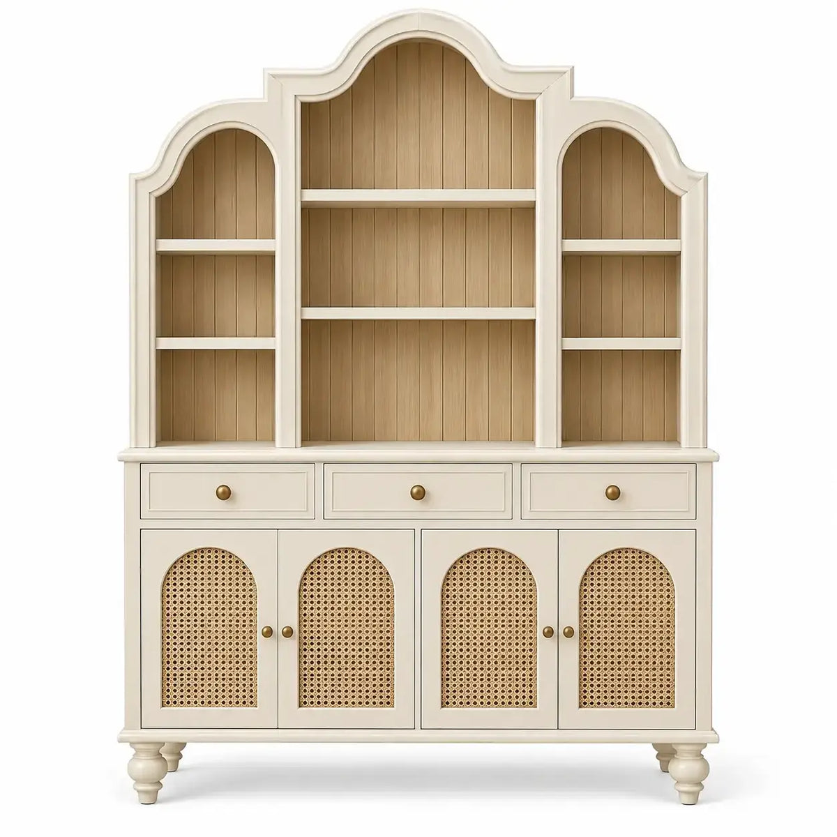 Estantería con almacenamiento con formas arqueadas y detalles de entramado, blanco y marrón
