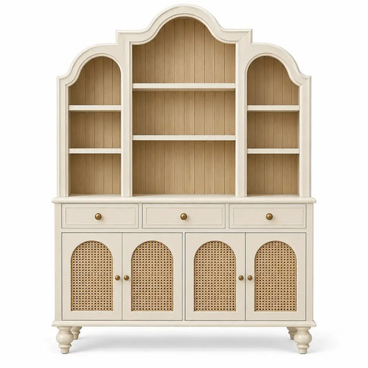 Estantería con almacenamiento con formas arqueadas y detalles de entramado, blanco y marrón