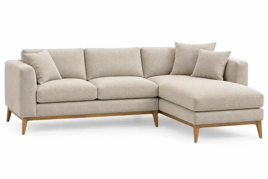 Sofá esquinero tapizado con patas elevadas, beige y marrón
