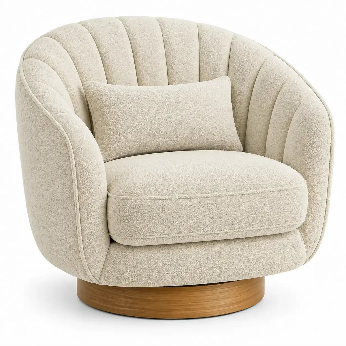 Sillón tapizado de líneas curvas con acolchado acanalado, beige y marrón